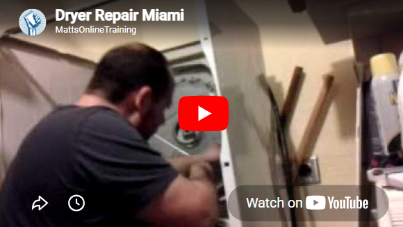 Man repairing a clothes dryer in a workshop; tools and parts visible, YouTube video thumbnail for Dryer Repair Miami on YouTube